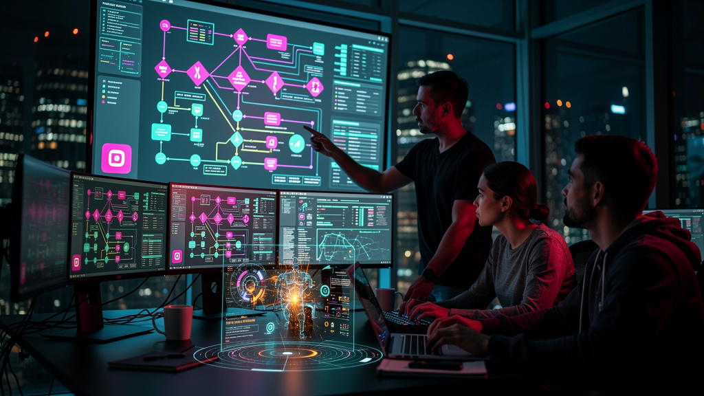 Matriz de Decisão: Quando Adotar OpenClaw? — Uma ilustração digital mostrando uma equipe de desenvolvedores colaborando em um projeto OpenClaw. Um diagrama complexo de fluxo de dados é exibido em uma 