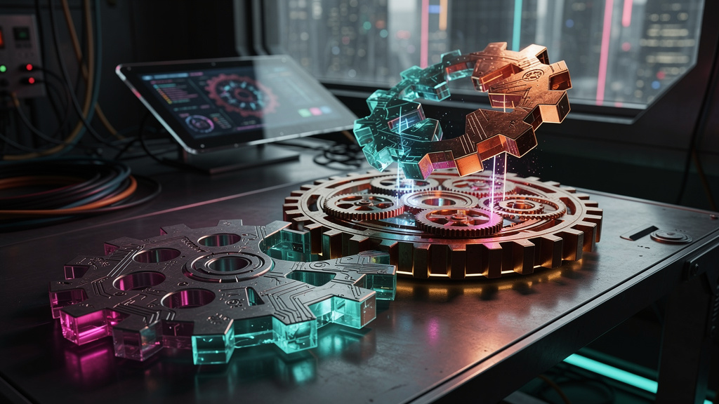 Matriz de decisão: quando adotar OpenClaw, RAG e LLMs Open Source? — Ilustração digital de um quebra-cabeça 3D, onde as peças representam LLMs Open Source (Llama 2, Falcon), RAG e OpenClaw. As peças e