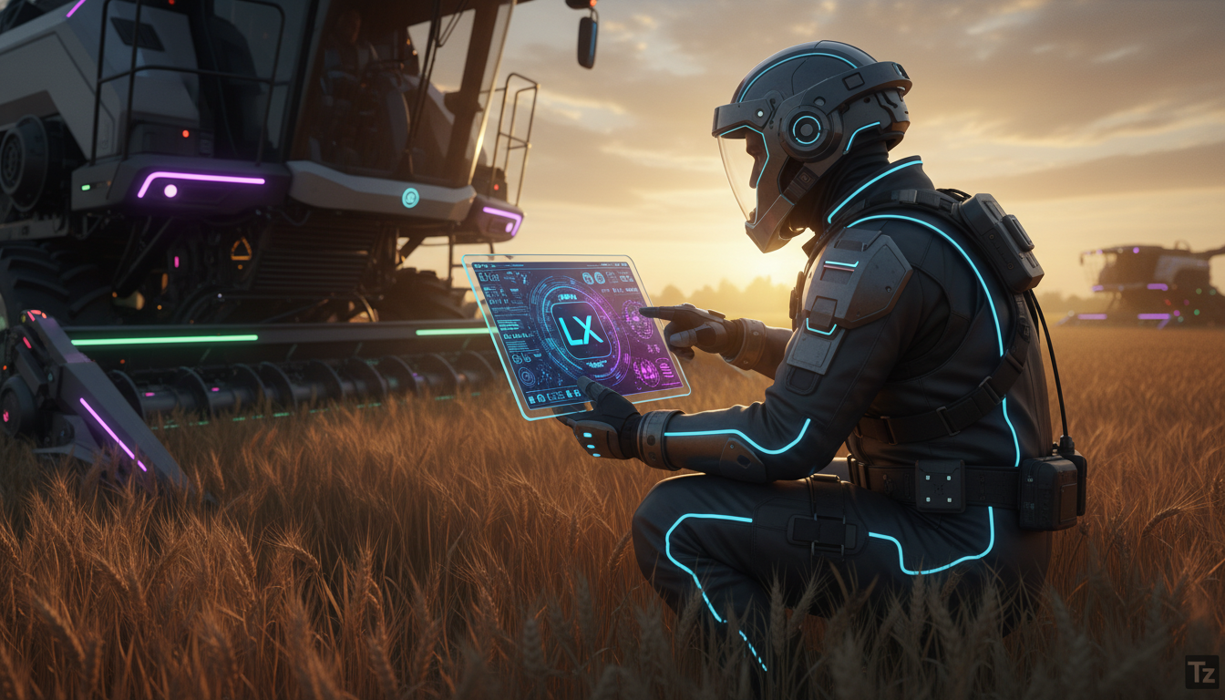Mecânicos de Software: A Nova Função Essencial na Era da IA — Um mecânico de software, vestindo um macacão de trabalho moderno, inclinado sobre uma grande máquina de colheita automatizada em um campo 