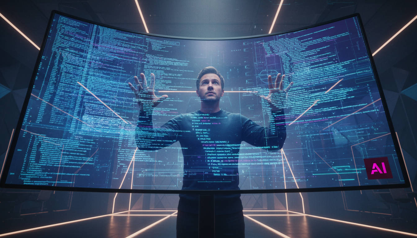 Medindo Proficiência em IA Code: Avalie e Aprimore suas Habilidades — Um desenvolvedor, em um ângulo de baixo para cima, olhando para cima para um monitor gigante que exibe linhas de código complexas 