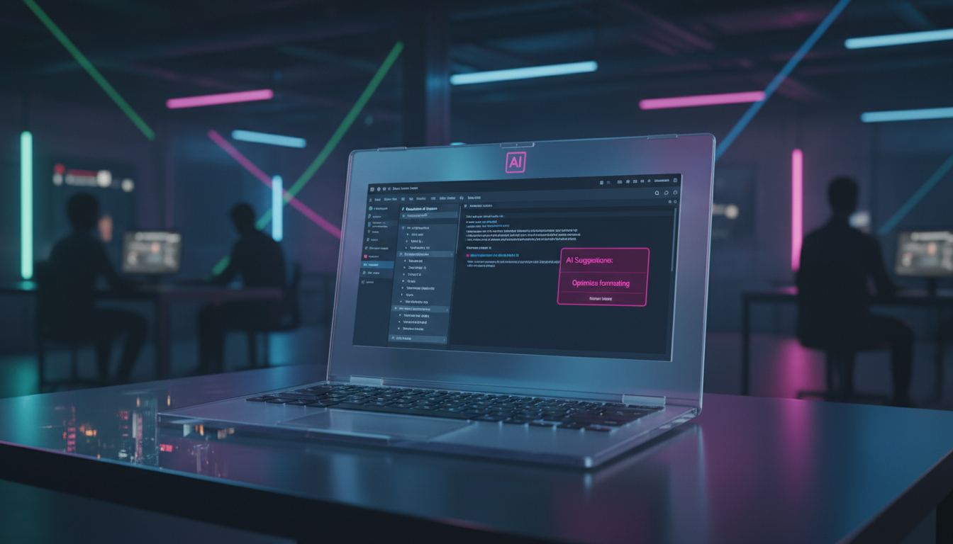 Melhore a Produtividade da sua Equipe com Markdown e IA — Um close-up de um editor de texto Markdown em um laptop, mostrando a sintaxe simples e organizada. Uma janela pop-up de IA sugere melhorias de