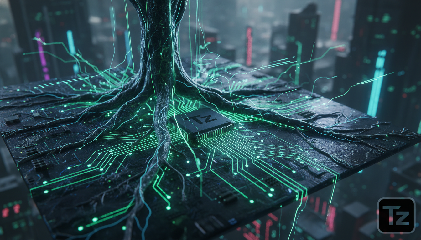 MemEvolve: A Evolução da Memória em Agentes de IA — Close-up de um circuito eletrônico orgânico, com trilhas que se ramificam como raízes de árvores. As ramificações se adaptam dinamicamente, criando 