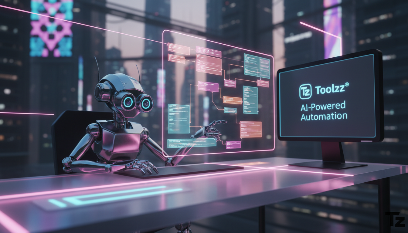 Meta Adquire Moltbook: O Que Isso Significa para a IA? — Close-up de um agente de IA (pequeno robô estilizado) em uma estação de trabalho moderna e minimalista. O robô está interagindo com uma interfa