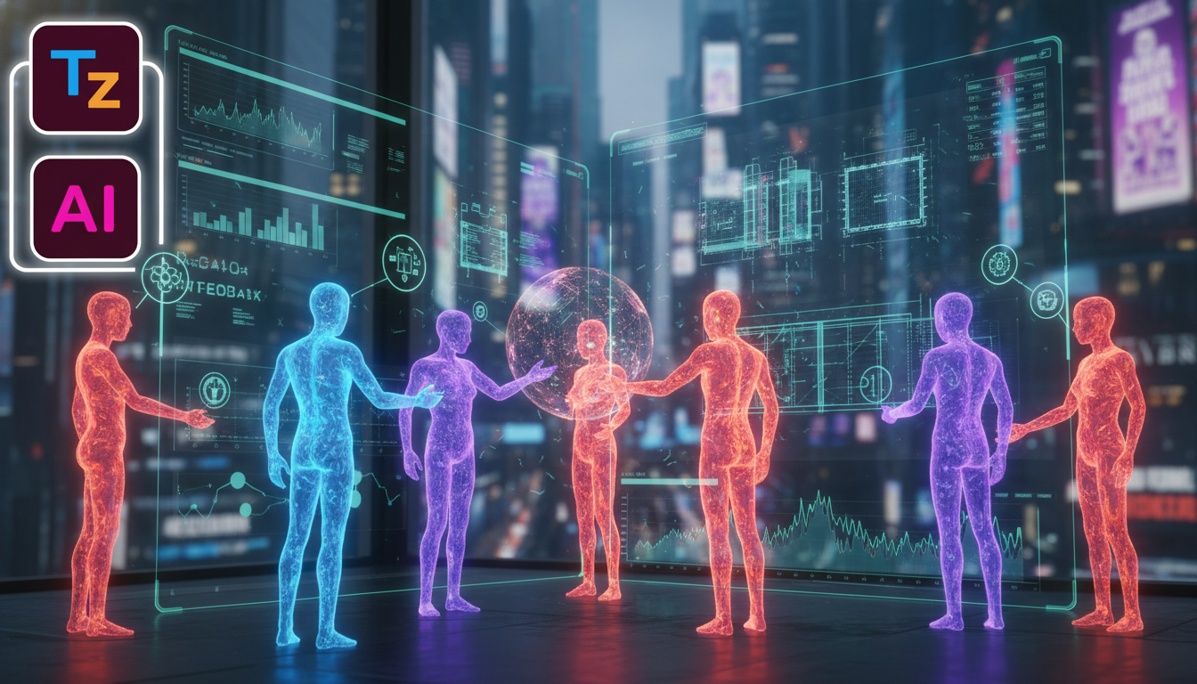 Meta Adquire Moltbook: O Que Isso Significa para o Futuro da IA? — Agentes de IA representados como avatares estilizados em uma plataforma social virtual. Os avatares estão interagindo uns com os outr