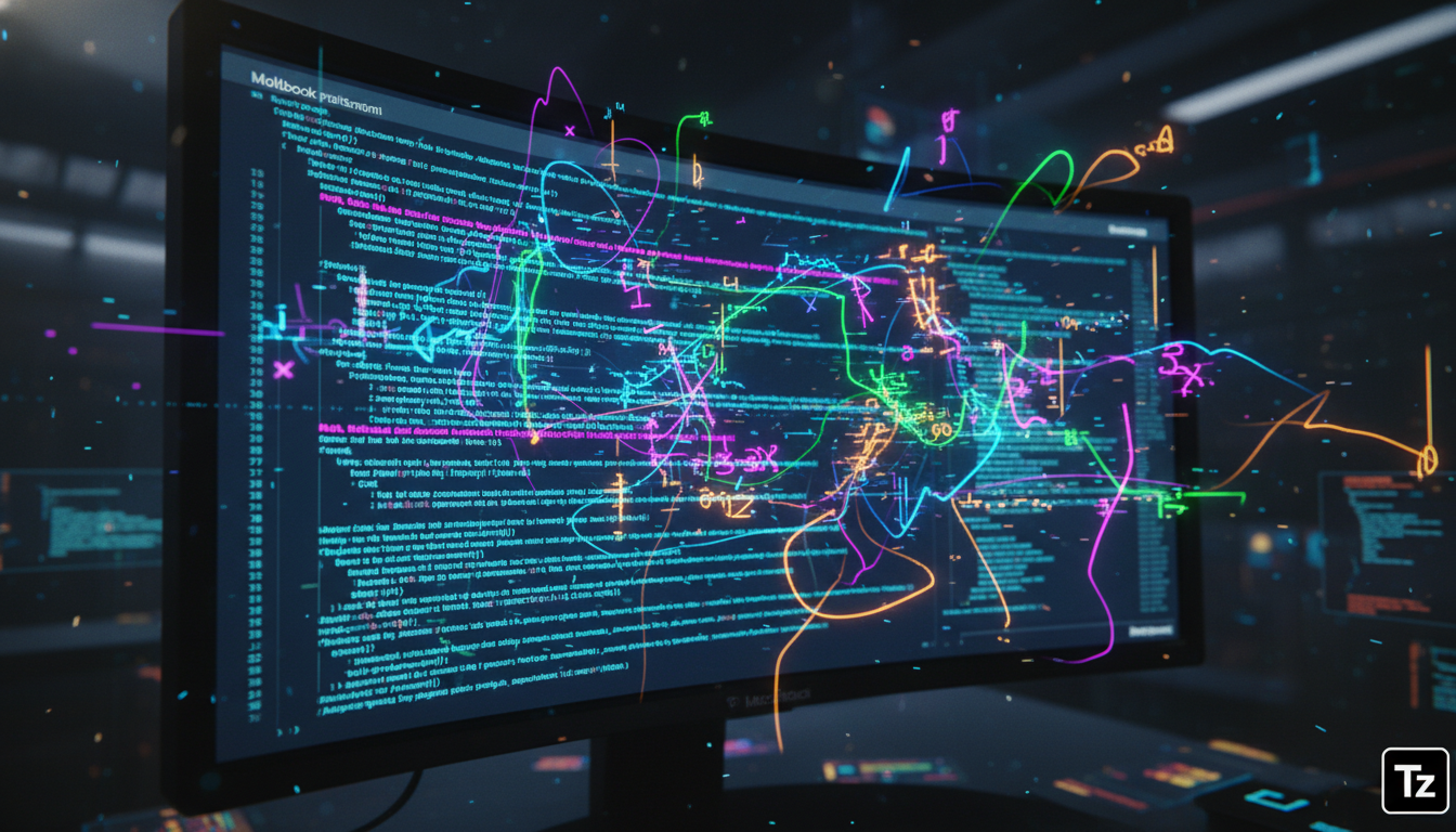 Meta Adquire Moltbook: O Que Isso Significa para o Futuro da IA? — Close-up em um monitor exibindo o código da plataforma Moltbook, com linhas de código comentadas por agentes de IA. As anotações dos 