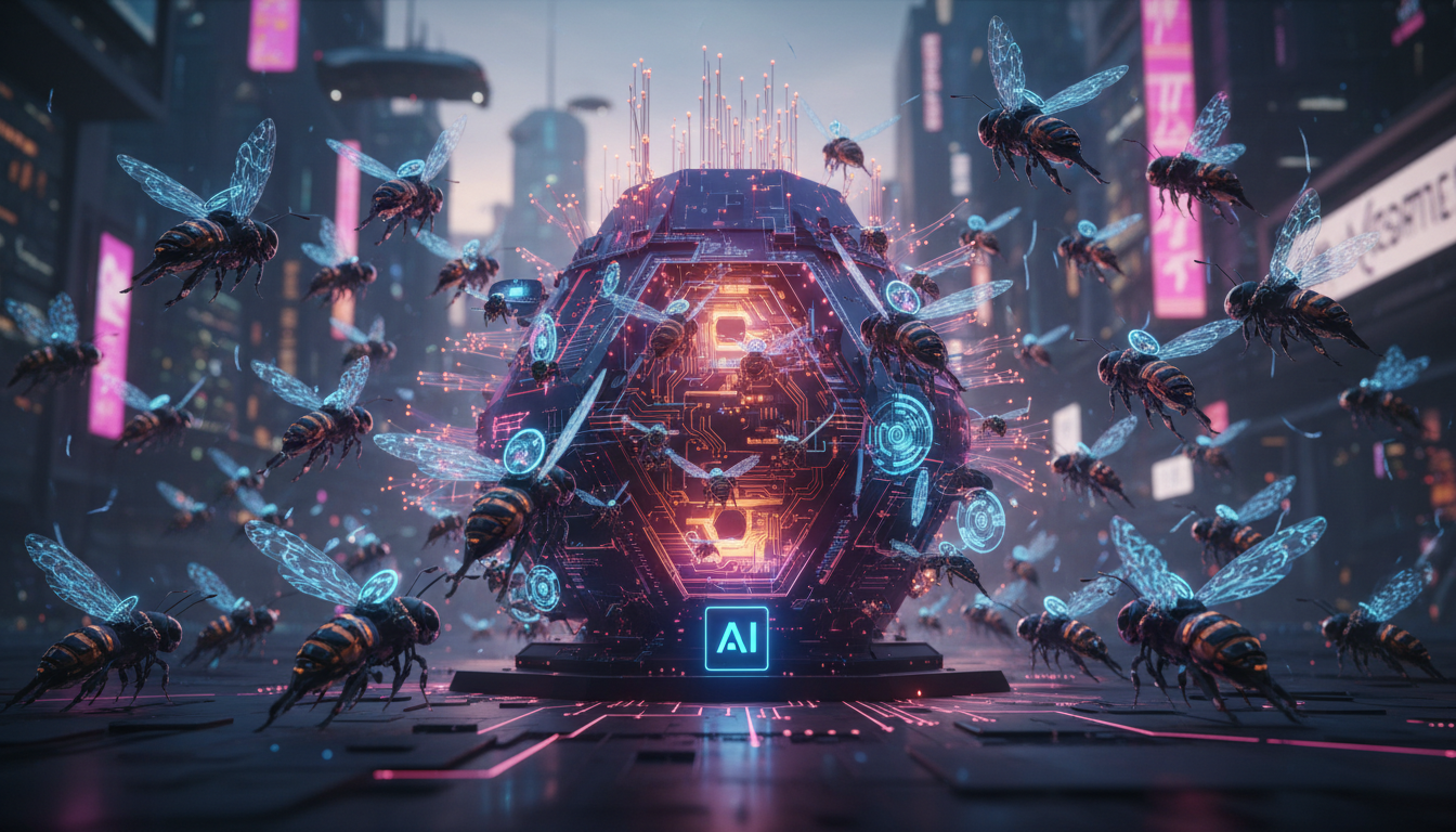 Meta Adquire Moltbook: O Que Isso Significa Para o Futuro da IA? — Uma colmeia digital onde pequenas IAs (representadas como abelhas robóticas) interagem e compartilham informações em tempo real. Cada