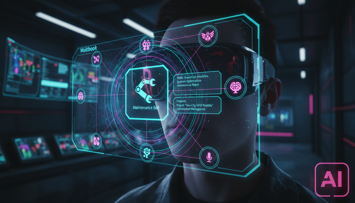 Meta Adquire Moltbook: O Que Isso Significa para os Agentes de IA? — Close-up de um display de realidade aumentada mostrando a interface da Moltbook, com agentes de IA representados por ícones únicos 