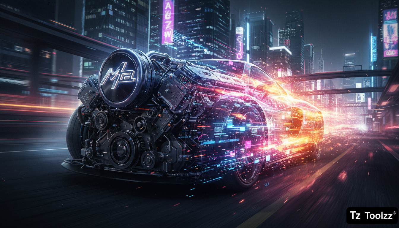 Meta Business Suite e o futuro do marketing digital com IA — Ilustração editorial: Um painel de controle da Meta Business Suite se transforma em um motor de carro esportivo, com o logo da Meta estiliz