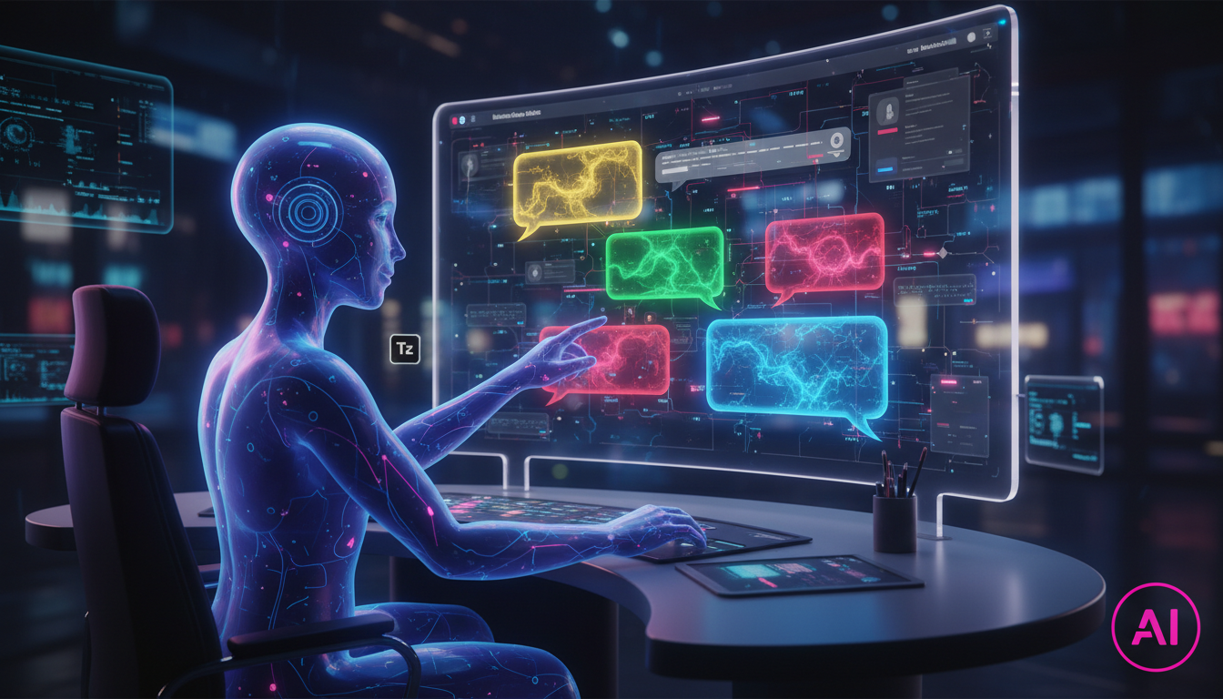 Meta Business Suite IA descomplicado: guia visual e prático — Um atendente virtual em formato de avatar amigável respondendo a diversas mensagens de clientes em uma tela de chat da Meta Business Suite