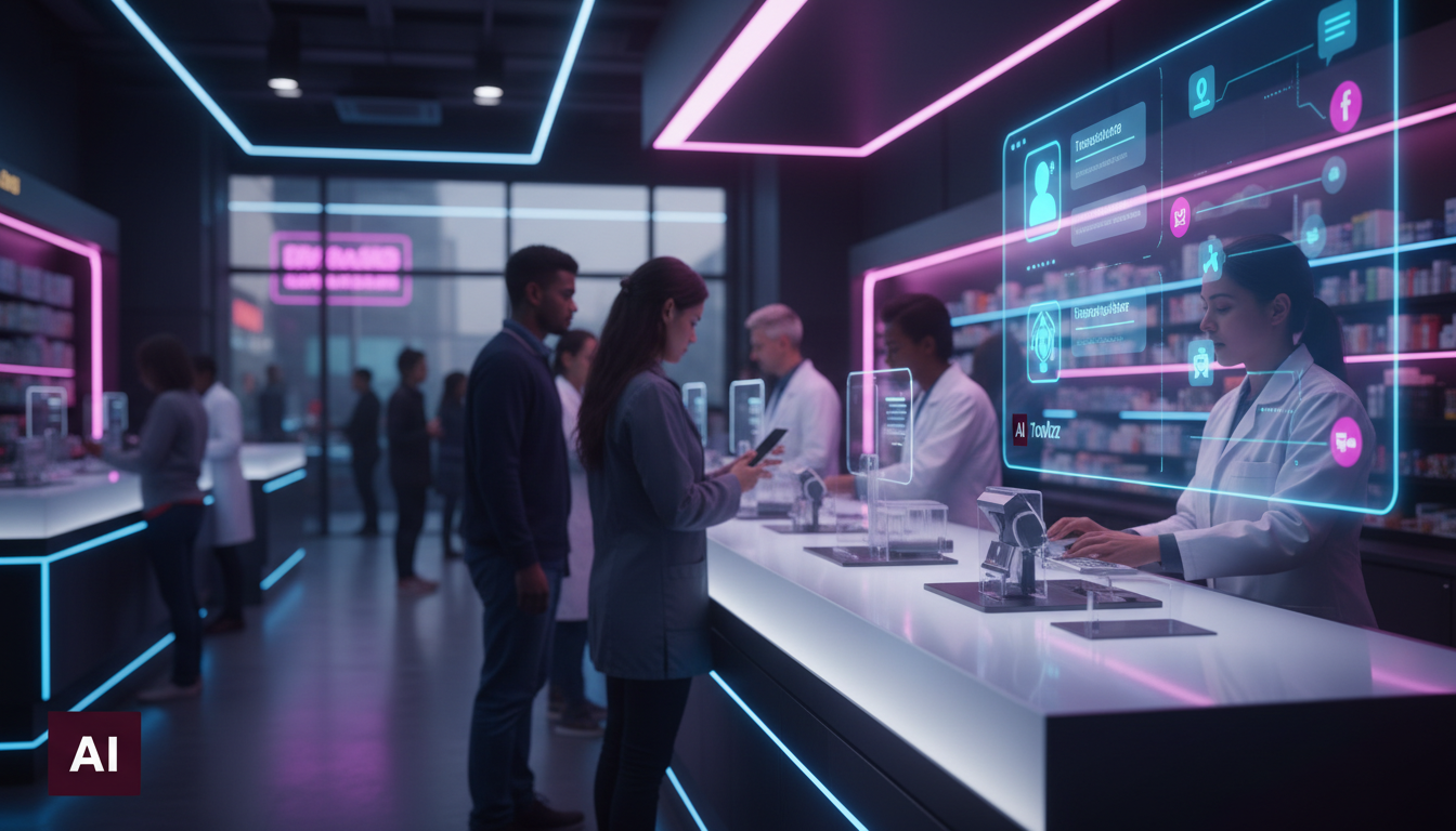 Meta Business Suite IA é a solução para leads em farmácias — Um balcão de farmácia moderno com vários clientes sendo atendidos. No canto superior direito, uma tela mostra o painel da Meta Business Sui