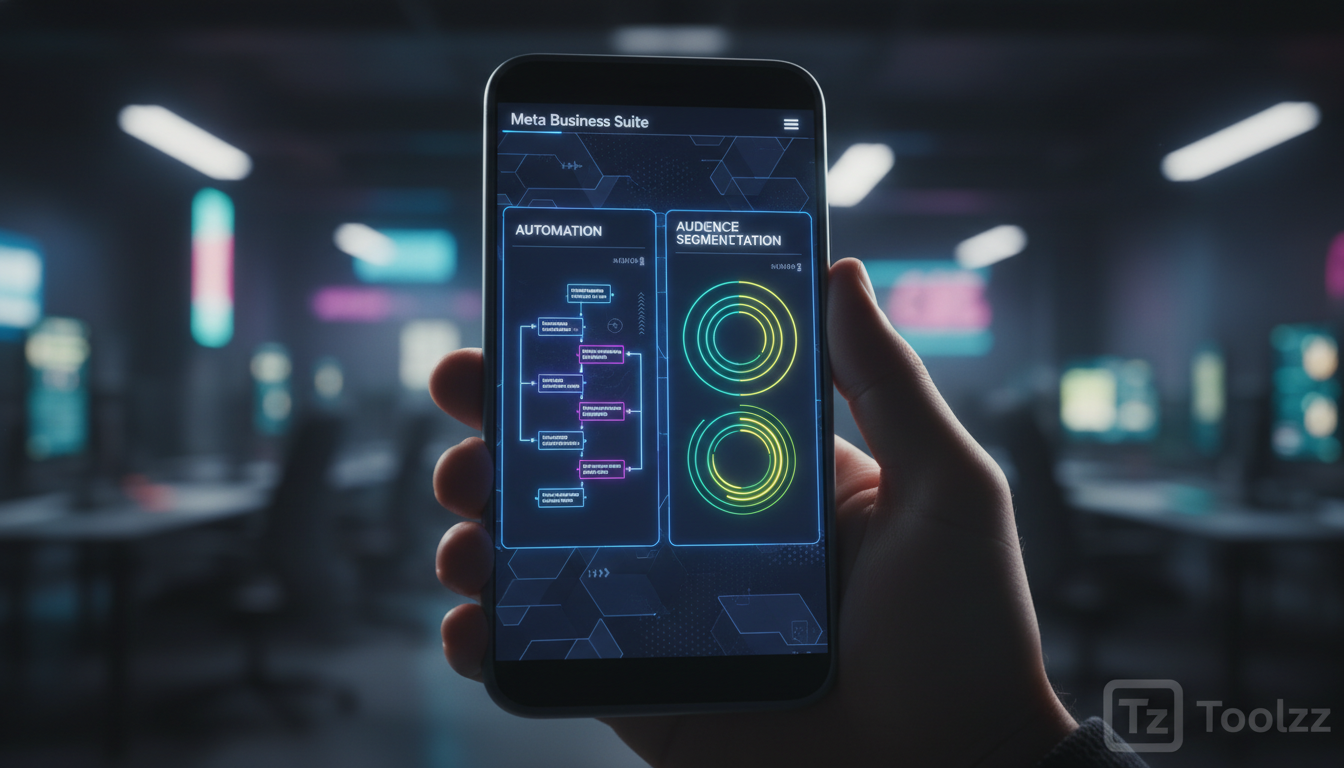 Meta Business Suite IA em números: dados e estatísticas de 2026 — Close-up de um smartphone exibindo a interface da Meta Business Suite com destaque para funcionalidades de automação de respostas e se