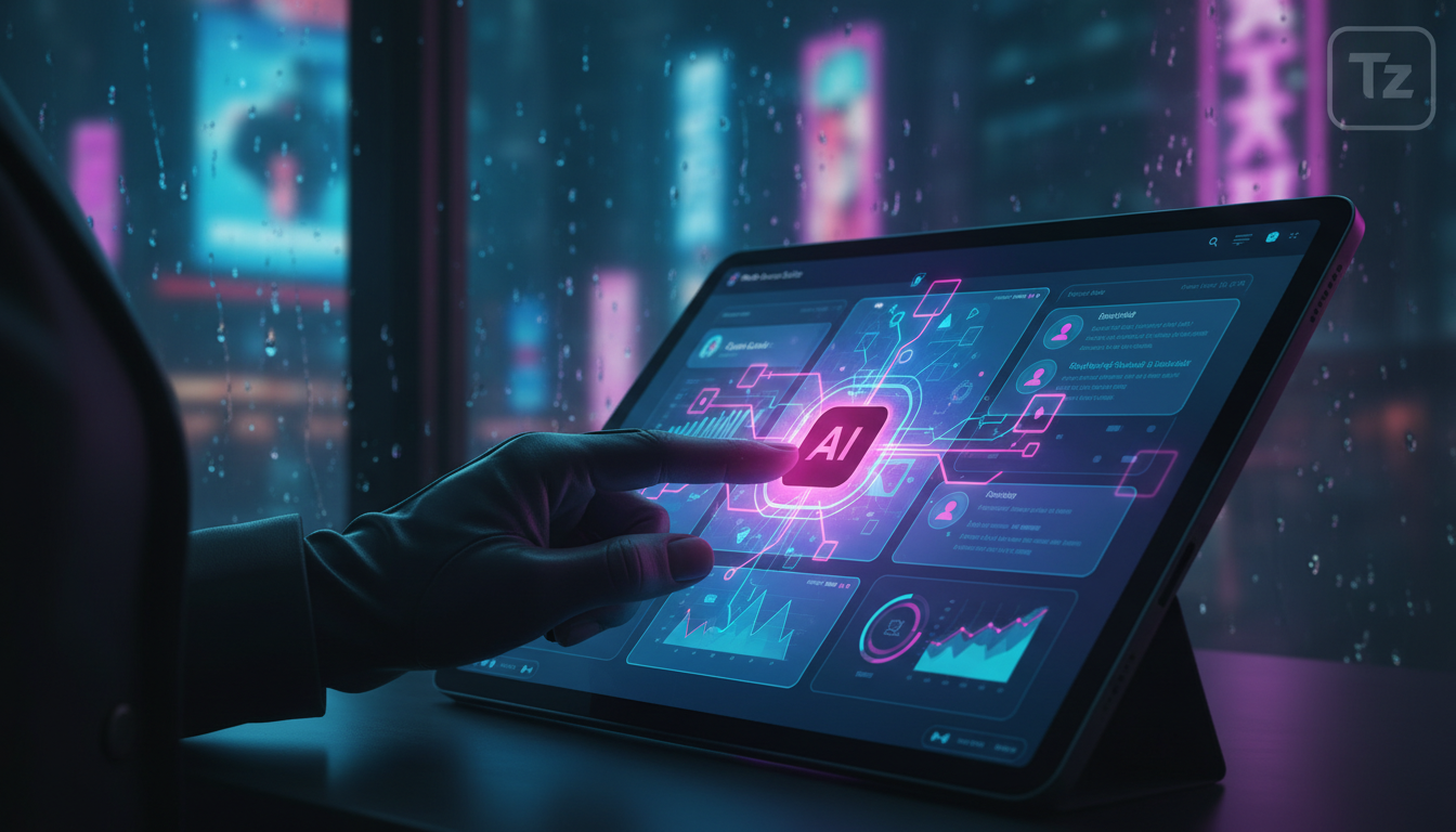 Meta Business Suite IA explicada: do básico ao essencial — Close-up de uma tela de tablet mostrando a interface da Meta Business Suite com destaque para os recursos de IA. Uma mão (estilo editorial) t