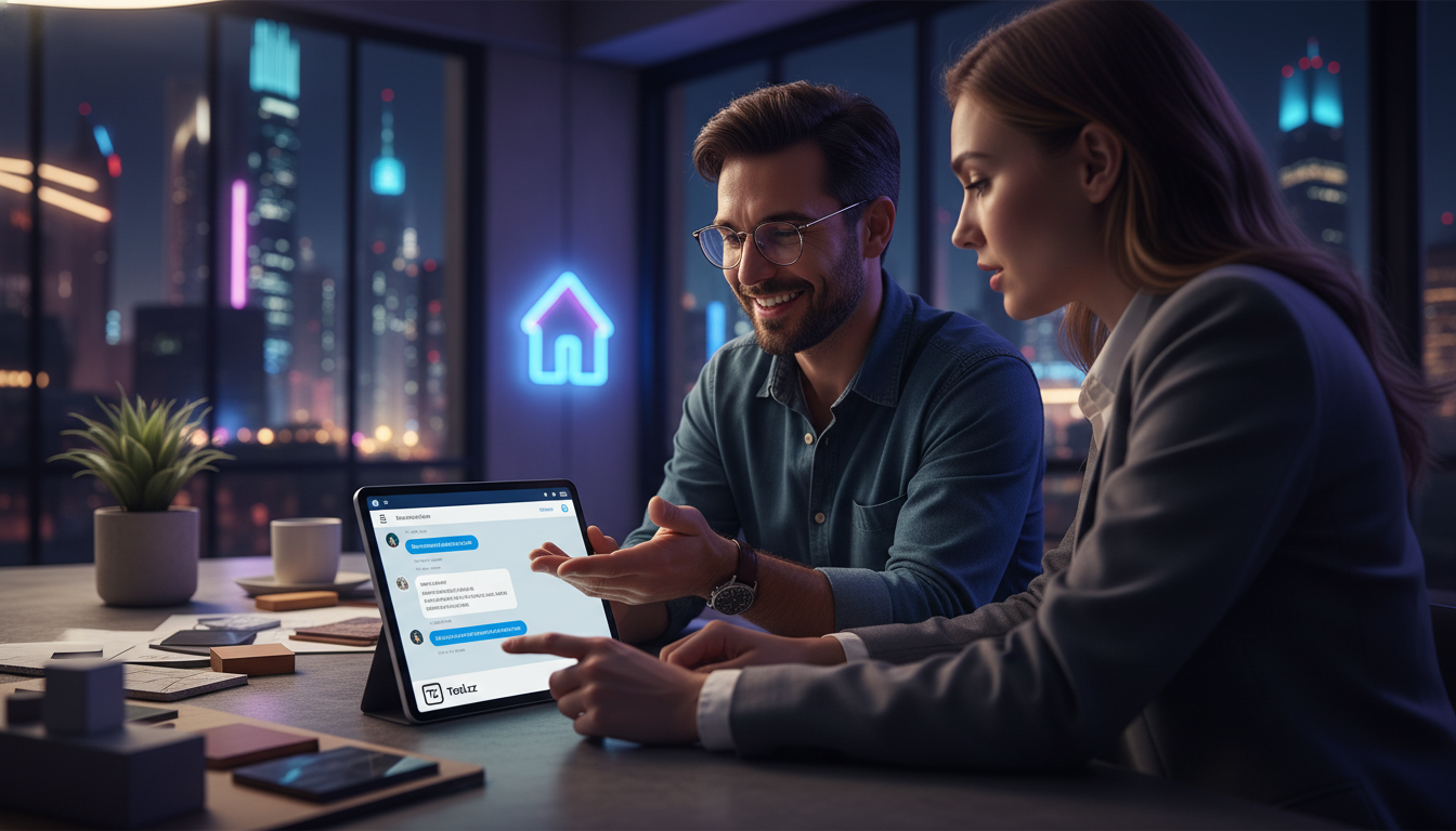 Meta Business Suite IA no Brasil: cenário, tendências e perspectivas — Um arquiteto usando óculos de grau, sorrindo enquanto mostra a tela do tablet para um cliente em potencial. O tablet exibe uma co