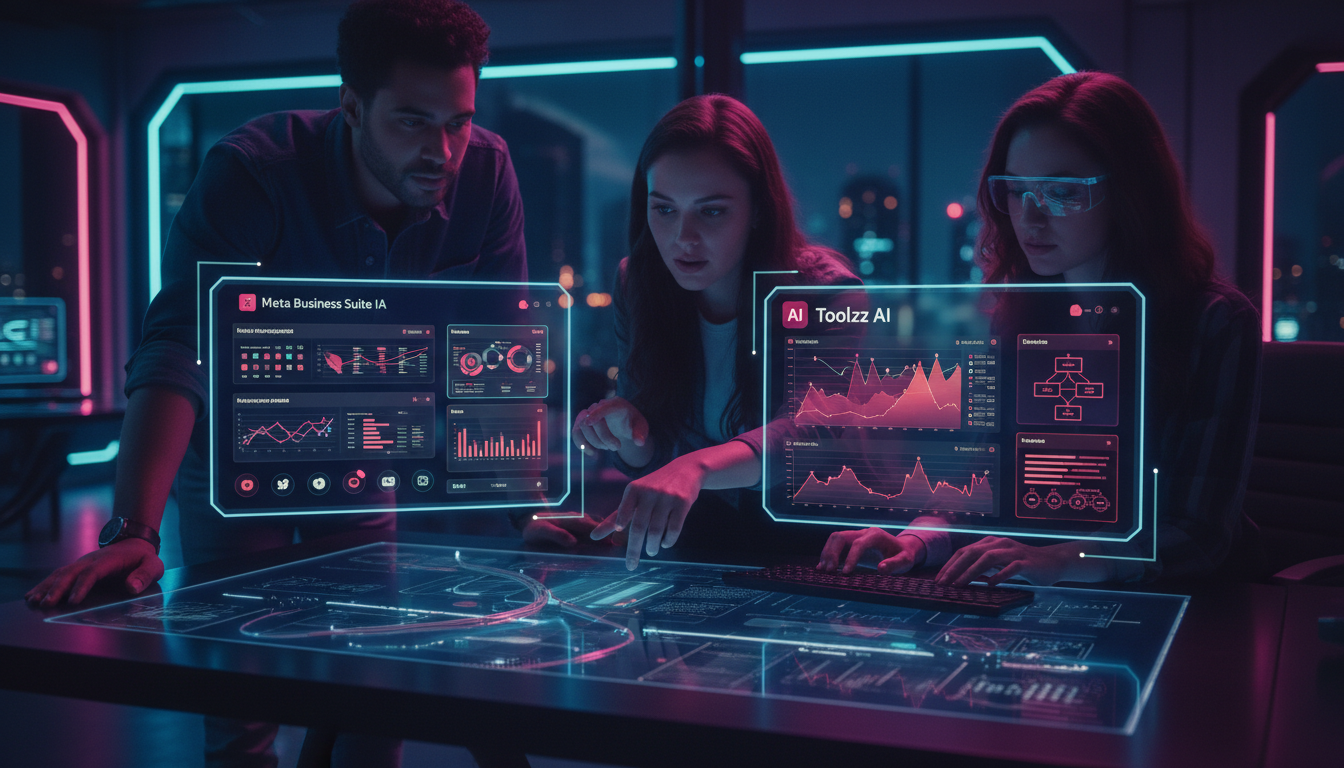 Meta Business Suite IA vs Ferramentas de IA: qual vale mais a pena? — Um escritório moderno e iluminado, com uma equipe diversificada colaborando em frente a vários monitores. Um monitor exibe a inter
