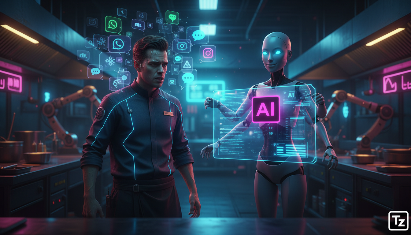 Meta Business Suite IA vs Toolzz: qual vale mais a pena? — Um atendente de restaurante sobrecarregado, cercado por diversos balões de fala de diferentes canais de comunicação (WhatsApp, Instagram, Fac