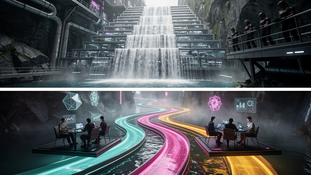 Metodologia Ágil Aplicada a Agentes de IA em 2026 — Um diagrama visual comparando o modelo de desenvolvimento em cascata (waterfall) com a metodologia ágil. O modelo em cascata é representado por uma 