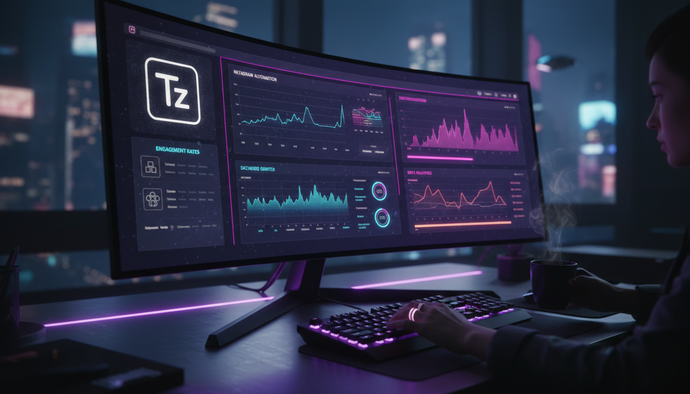 Metodologia ágil aplicada à automação Instagram — Um painel de controle de automação do Instagram visualizado em um monitor ultrawide curvo. O painel exibe gráficos de engajamento, métricas de crescim