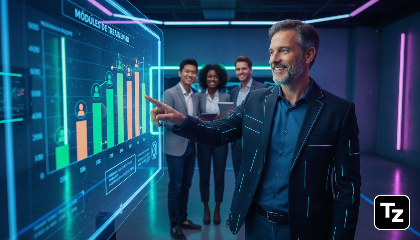 Metodologia Ágil Aplicada a Quiz e Avaliações — Um instrutor corporativo sorrindo e apontando para um gráfico de barras exibido em um monitor grande, mostrando o progresso dos alunos em diferentes mód