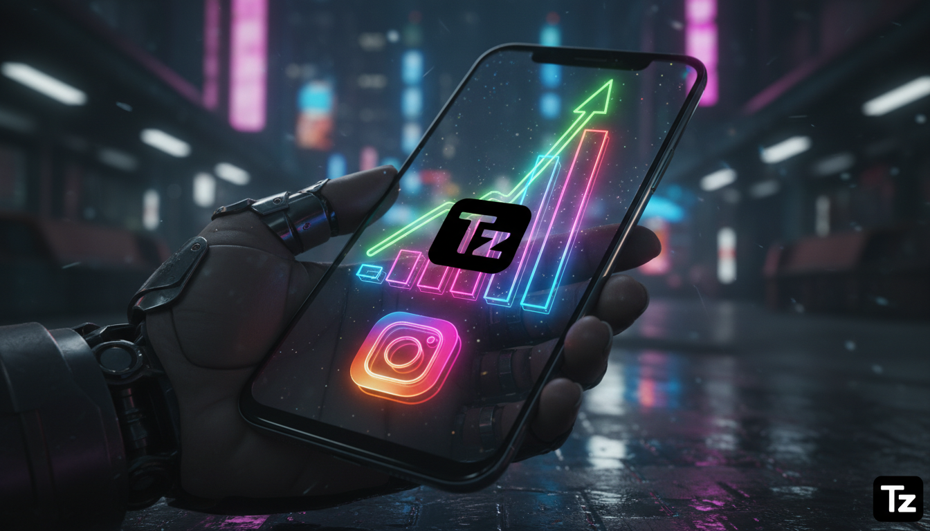 Métricas que provam o valor da automação Instagram — Close-up de um smartphone mostrando um gráfico de barras ascendente representando o crescimento do Instagram. O logo da Toolzz está sutilmente inte