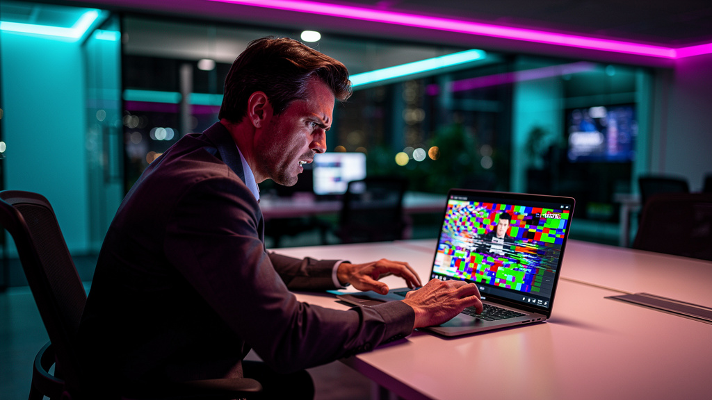 Métricas que provam o valor da Educação Corporativa em 2026 — Um colaborador frustrado em frente a um laptop, com a tela exibindo um vídeo de treinamento travado e pixelado. O ambiente é um escritório