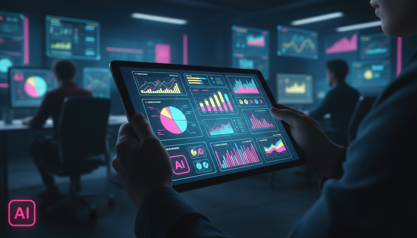 Métricas que provam o valor da IA para Redes Sociais — Uma visão em close-up das mãos de um especialista em marketing digital, usando um tablet para analisar dados de redes sociais. O tablet exibe um 