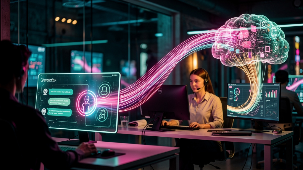 Métricas que provam o valor da Integração entre Chatbot, IA e Atendimento Humano — Um diagrama de fluxo mostrando a jornada do cliente através de um sistema de atendimento ao cliente. A jornada começa