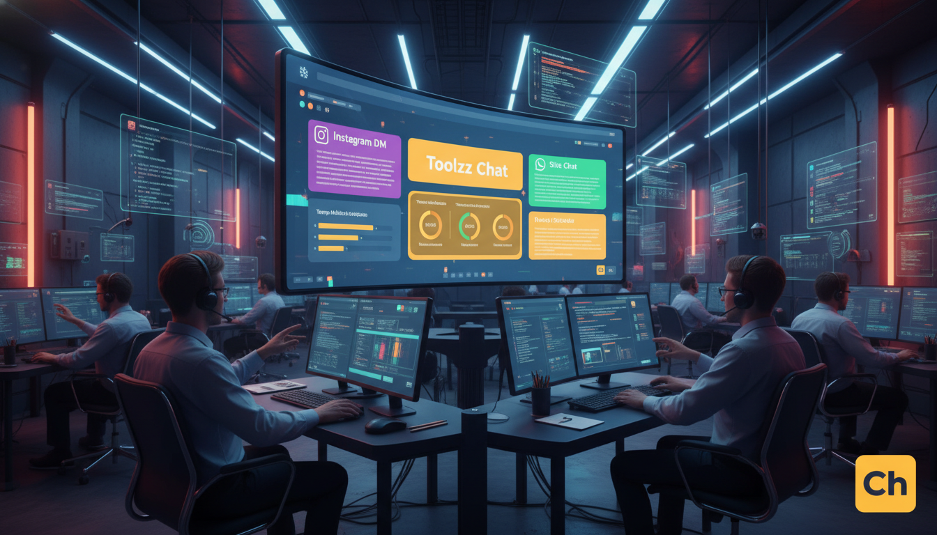 Métricas que provam o valor de Chatbots no Instagram — Um escritório moderno e iluminado, onde vários atendentes de suporte ao cliente interagem com telas exibindo painéis de controle de mensagens. Um