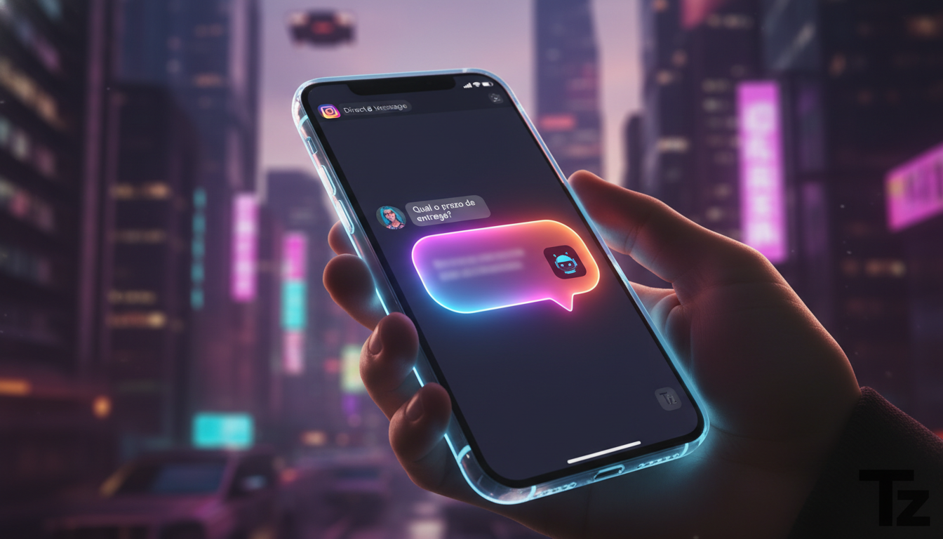 Métricas que provam o valor de Instagram Commerce IA — Uma tela de celular mostrando uma conversa de DM no Instagram. A usuária pergunta sobre o prazo de entrega de um produto e recebe uma resposta in