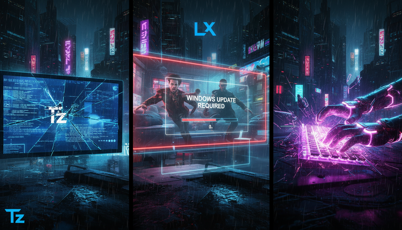 Microsoft Acaba com Pesadelo das Atualizações Forçadas do Windows — Um mosaico visual representando a frustração com as atualizações forçadas do Windows. Inclui ícones de tela azul da morte, janelas d