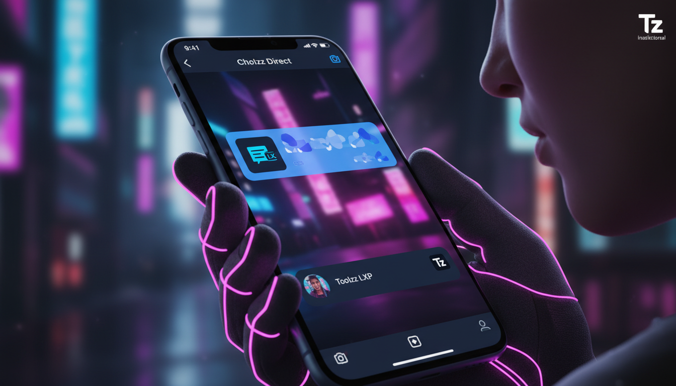 Migração para Toolzz: 7 tendências chatbot Instagram em 2026 — Close-up de um smartphone mostrando uma conversa no Instagram Direct. O chatbot exibe uma mensagem personalizada com uma oferta de um cur