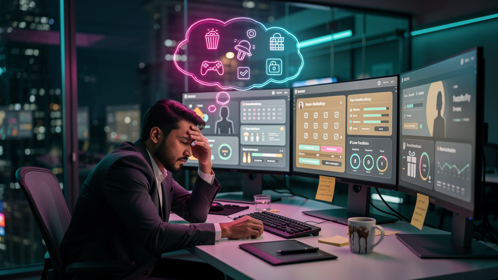 Migração para Toolzz: como combater alunos desengajados em 2026 — Uma pessoa sentada em uma mesa de escritório moderna, com múltiplos monitores mostrando interfaces complexas e dados. A pessoa parece