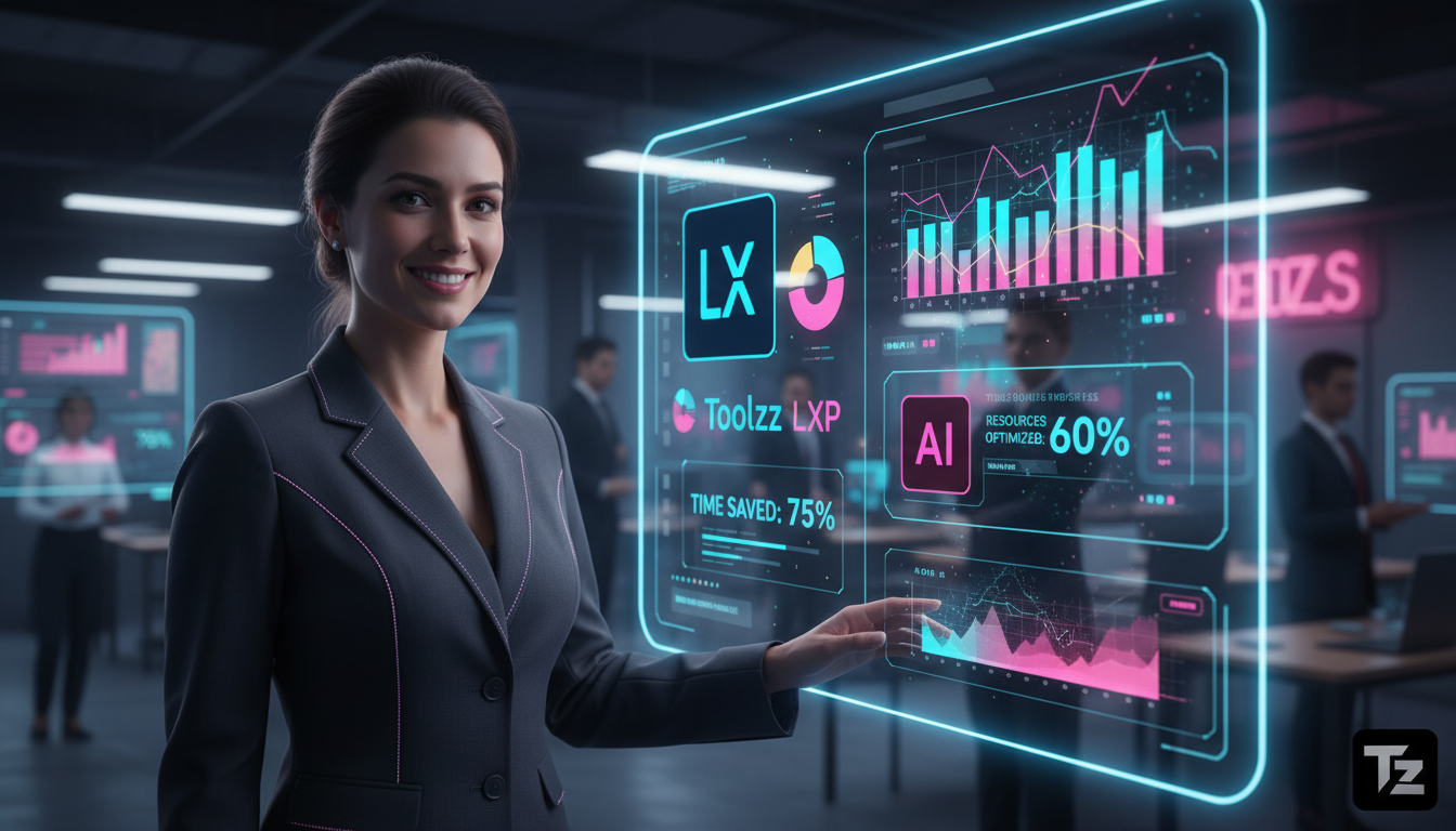 Migração para Toolzz: Geração de Provas com IA em LXP 2026 — Um especialista em treinamento corporativo sorrindo enquanto observa um painel de controle da Toolzz LXP mostrando a geração automatizada d