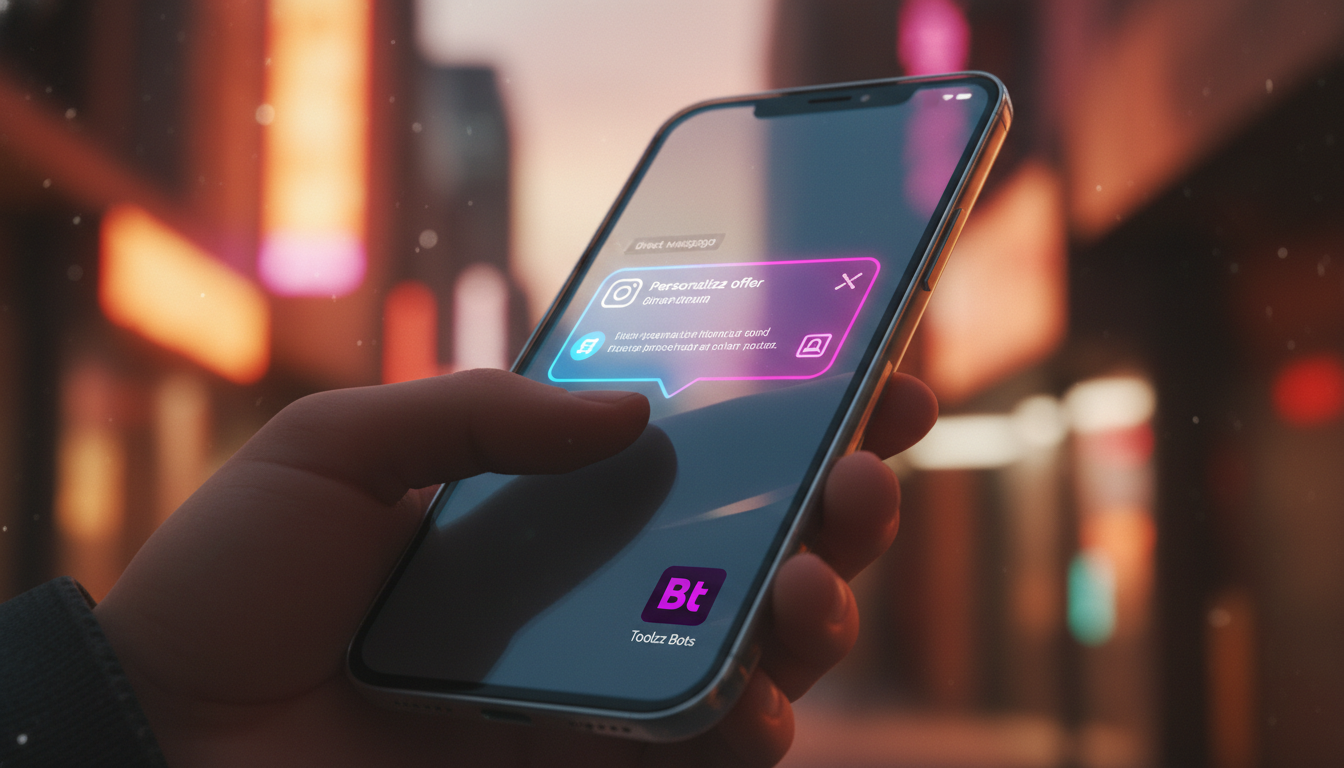 Migração para Toolzz: guia completo de Automação Instagram em 2026 — Close-up de um smartphone exibindo uma notificação de DM no Instagram. A DM é personalizada, contendo uma oferta especial e o logo 