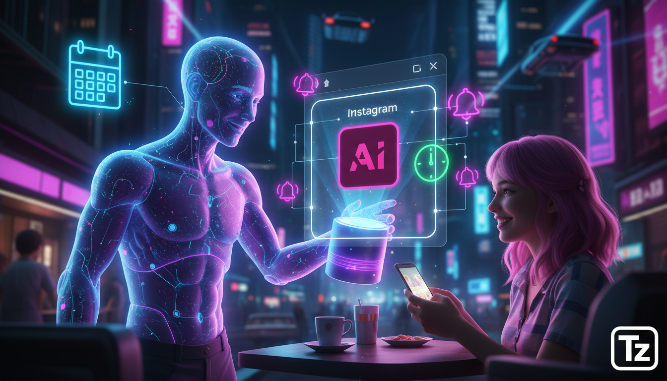 Migração para Toolzz: guia completo de Instagram Commerce IA — Ilustração digital vibrante mostrando um agente de IA da Toolzz (estilo visual amigável, não robótico) interagindo com um cliente através