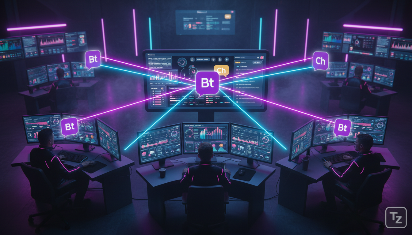 Migração para Toolzz: guia completo para Chatbot Instagram DM — Visão aérea de uma sala de controle moderna e minimalista, com vários monitores exibindo dashboards de análise de dados do Instagram. Fu