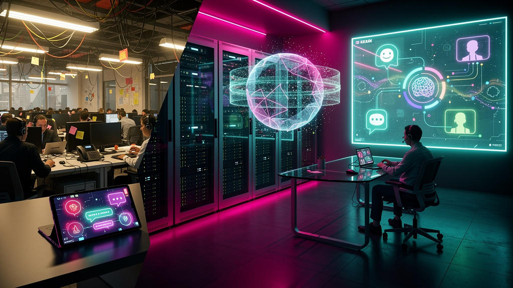 Migração para Toolzz: Guia Completo para Integração Chatbot, IA e Atendimento Hu — Uma linha do tempo visual que mostra a evolução do atendimento ao cliente: 1) um call center tradicional lotado de op