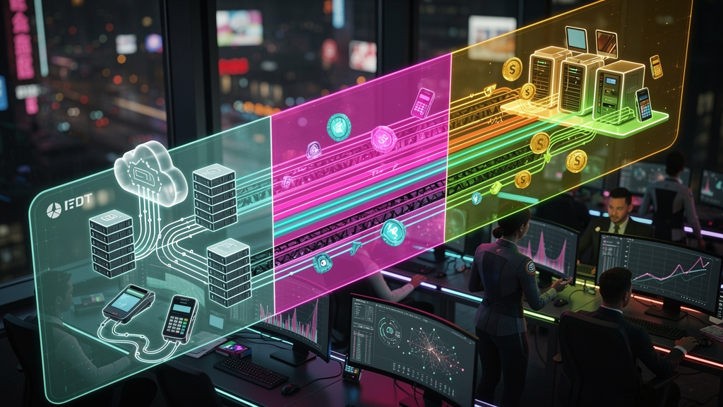 Migrando Sistemas de Pagamento: Lições de Automação e IA — Um diagrama visualmente atraente mostrando uma linha do tempo da migração de um sistema de pagamento. A linha do tempo está dividida em três 