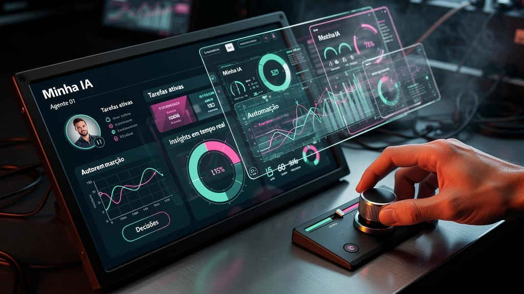 Minha IA: O Guia Completo para Agentes Inteligentes — Close-up de um painel de controle de um agente de IA, mostrando dados e métricas em tempo real. O painel é personalizável e exibe o logo da Toolzz