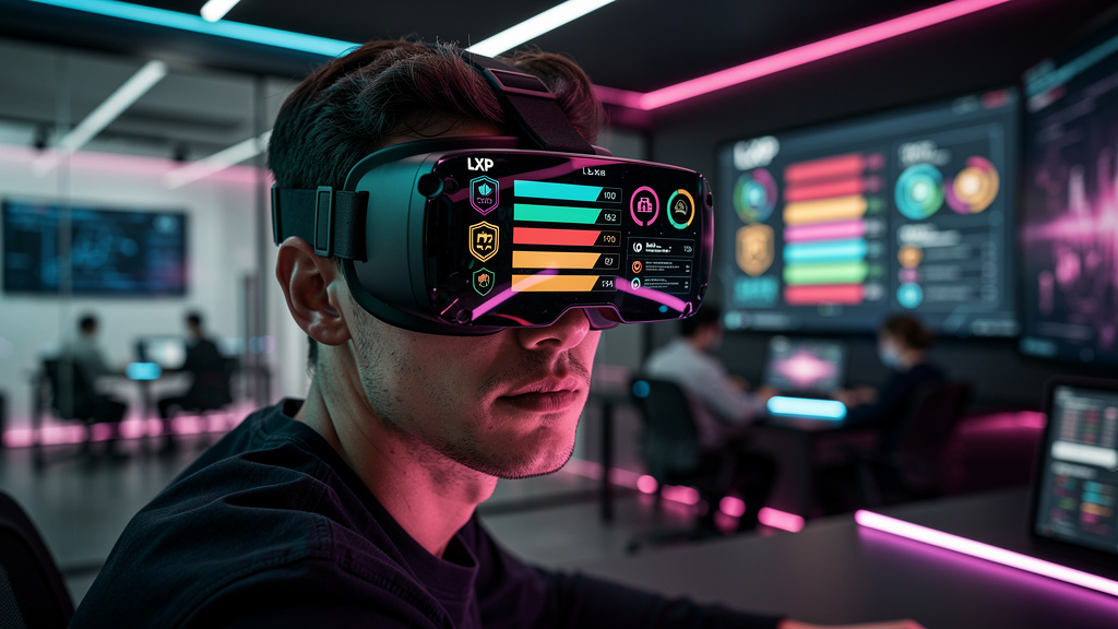 Missões e Desafios LXP para resolver Engajamento Corporativo em 2026 — Ilustração de um funcionário usando óculos de realidade virtual em um ambiente de escritório. A tela dos óculos mostra uma interf