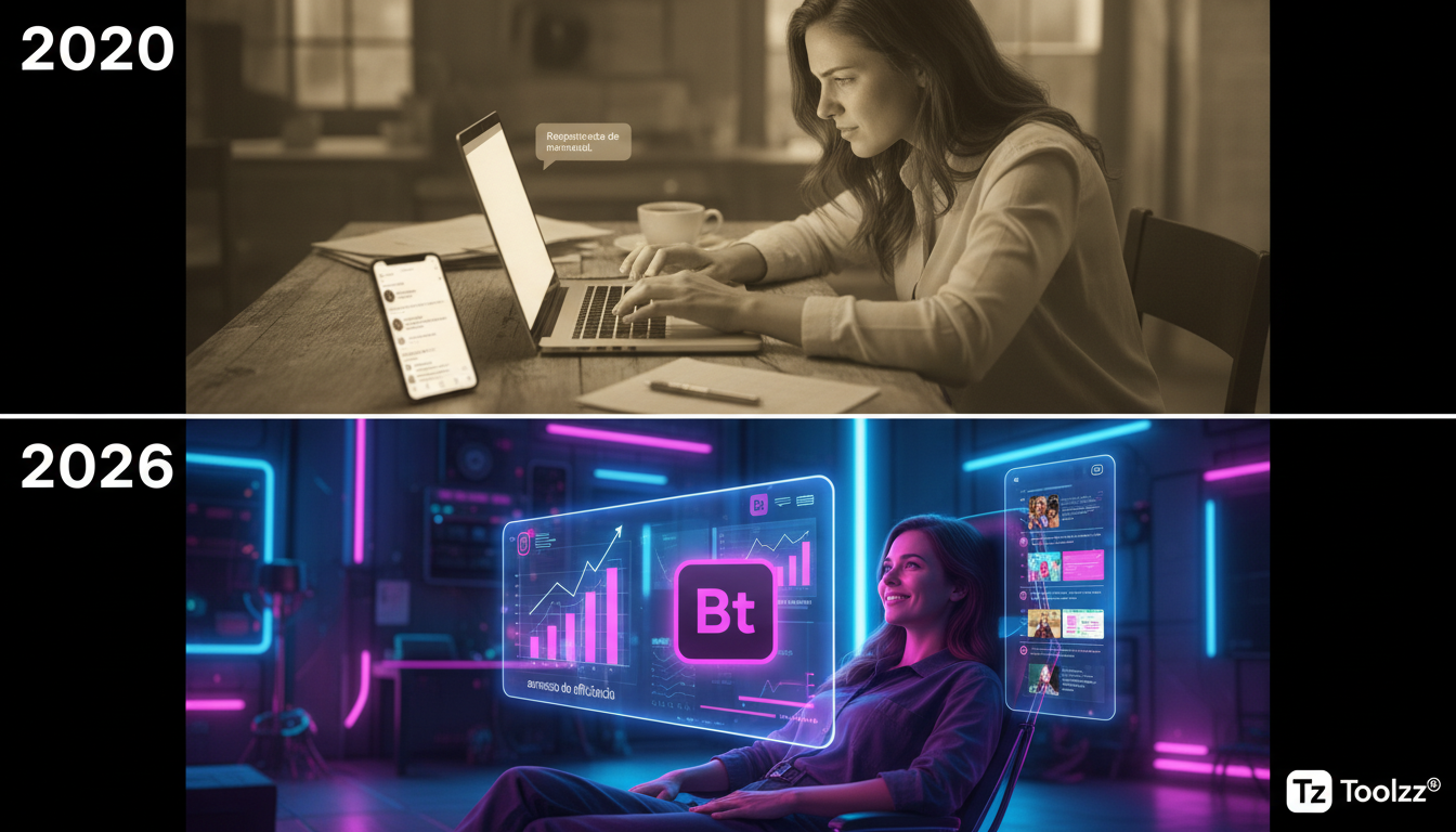 Mitos e verdades sobre automação Instagram em 2026 — Um diagrama visual comparando o Instagram de 2020 e o de 2026. Em 2020, uma pessoa digitando manualmente posts e respondendo directs. Em 2026, a me