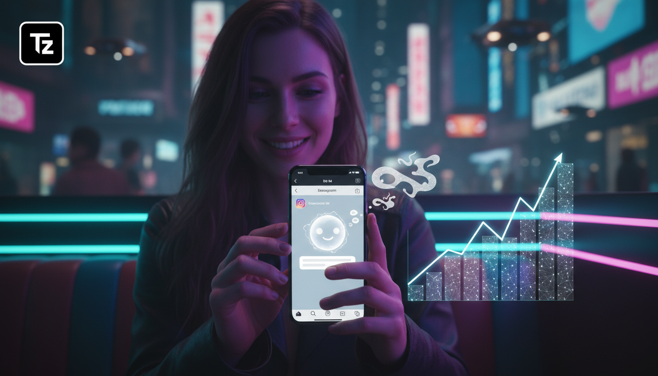 Mitos e verdades sobre chatbot Instagram DM — Uma pessoa sorrindo enquanto interage com um chatbot no Instagram através de seu smartphone. O chatbot está oferecendo suporte ao cliente de forma eficien