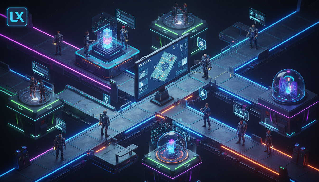 Mitos e verdades sobre Gamificação em LXP em 2026 — Ilustração isométrica de uma plataforma LXP no estilo de um mapa de videogame. Personagens de funcionários (avatars) completando módulos de treiname