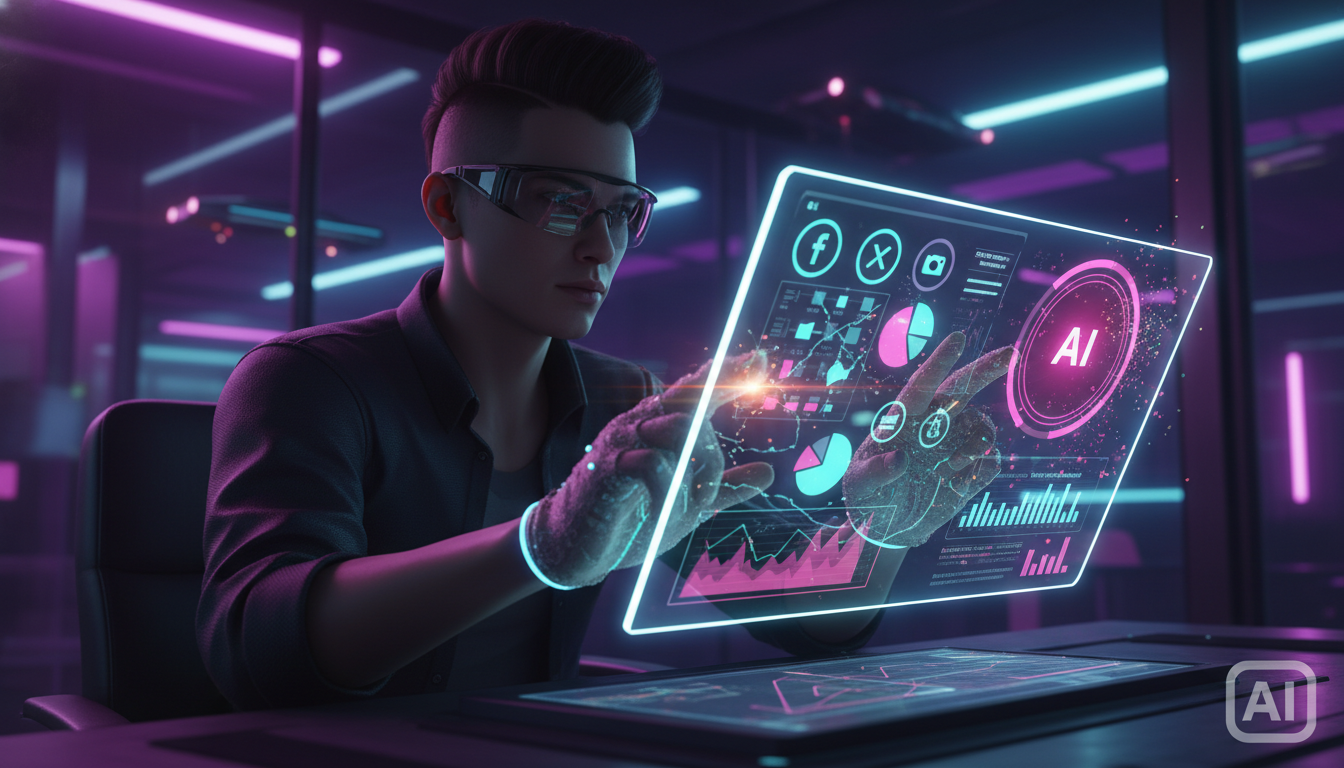 Mitos e verdades sobre IA para Redes Sociais em 2024 — Um profissional de marketing digital colaborando com uma interface de IA em um tablet, visualizando dados de campanhas de redes sociais. A IA sug