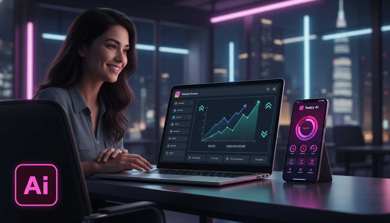 Mitos e verdades sobre Instagram commerce IA em 2026 — Um pequeno empresário sorrindo enquanto usa um laptop em sua mesa. Na tela do laptop, uma interface do Instagram Business com gráficos mostrando 