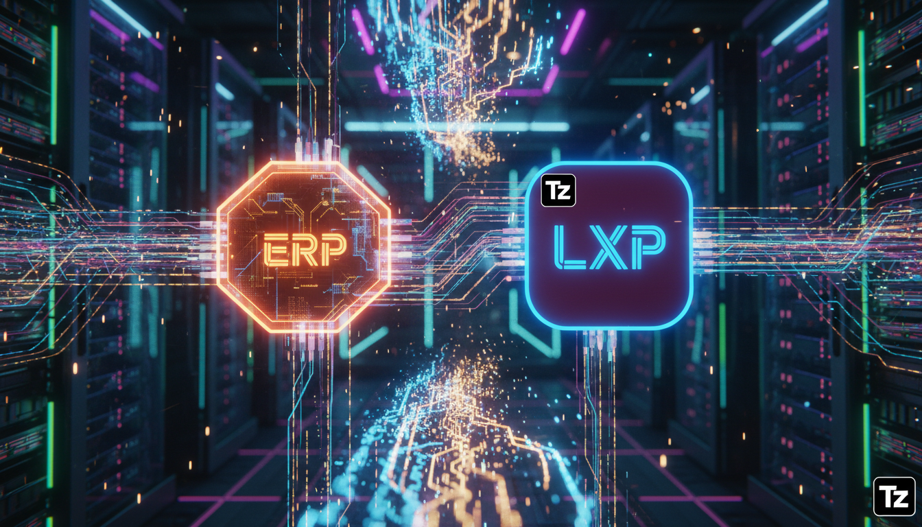 Mitos e verdades sobre Integração ERP em 2024 — Ilustração de um hub central de dados, com cabos coloridos conectando um ícone de ERP a um ícone de LXP. Os dados fluem entre os ícones, representando a