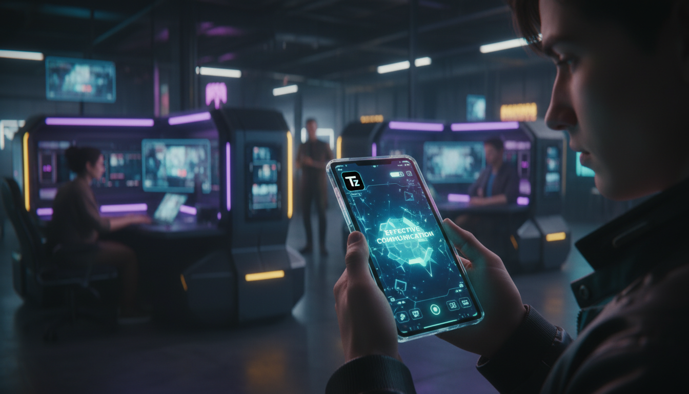 Mitos e verdades sobre Pílulas de Conteúdo em 2026 — Close-up de um colaborador usando um smartphone em um ambiente de trabalho movimentado. A tela do smartphone exibe uma pílula de conteúdo sobre 'Co