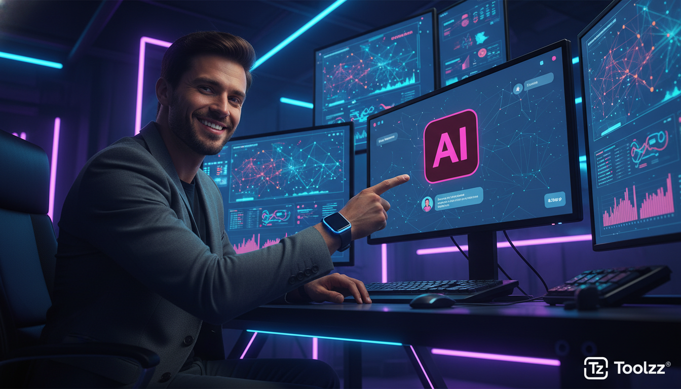 Mitos vs realidade da IA para redes sociais: o que funciona — Um profissional de marketing sentado em sua mesa, cercado por telas que exibem dados complexos de redes sociais. Ele está sorrindo e apont