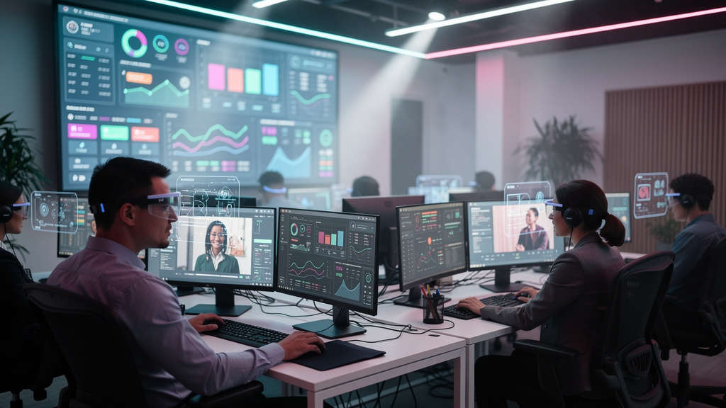 Mitos vs realidade da Transferência IA para Humano: o que funciona — Um call center movimentado, mas em vez de fones de ouvido tradicionais, alguns atendentes usam interfaces de realidade aumentada qu