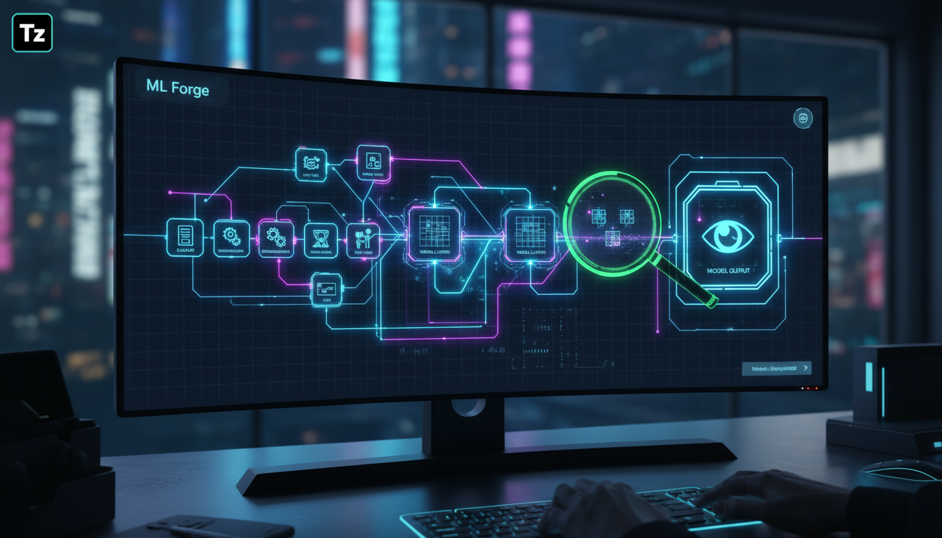 ML Forge: Crie Modelos de Visão Computacional Sem Codificação — Close-up de uma tela de computador mostrando a interface do ML Forge. Vários nós representando operações de visão computacional (carrega