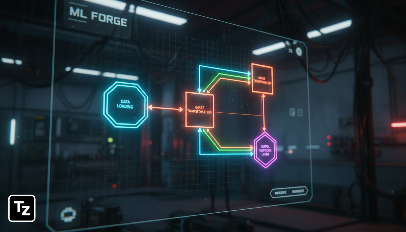 ML Forge: Simplificando o Desenvolvimento de Modelos de Visão Computacional — Close-up da interface do ML Forge mostrando um grafo complexo de nós interconectados, representando um pipeline de visão c